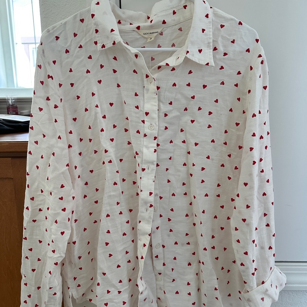 Lucky Brand White Blouse with Red Heart Pattern